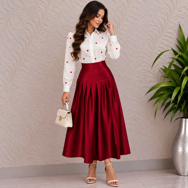 Saia Midi Acetinada Evasê com Pregas e Cós Alto Elegante Moda Evangélica Festa ES-SAIA-068