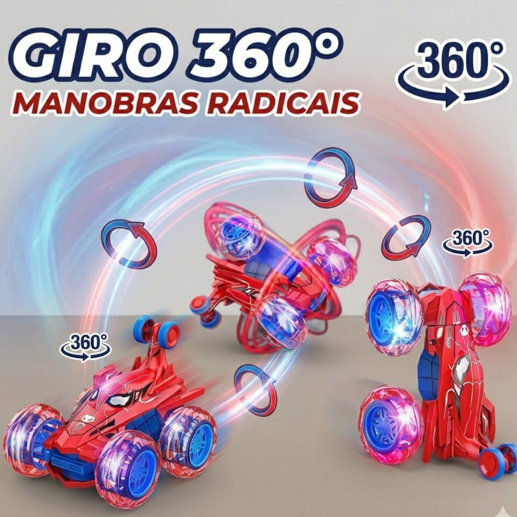 Carrinho Controle Remoto Spider Carro Maluco Gira 360 Doido Luzes Pirueta Vermelho Aranha — imagem 2 de 2