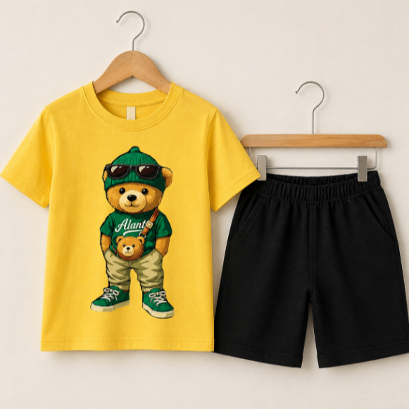 CONJUNTO INFANTIL MASCULINO CAMISETA ESTAMPADA URSINHO + BERMUDA DE ALGODÃO COM CORDÃO