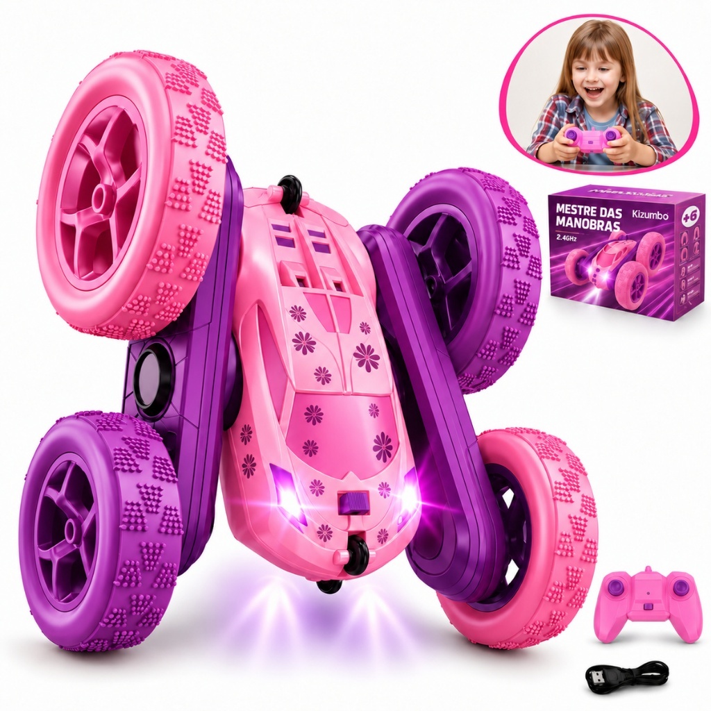 Carrinho Controle Remoto 4x4 Brinquedo Rosa Giro 360º Infantil Recarregável Com Luzes Kizumba