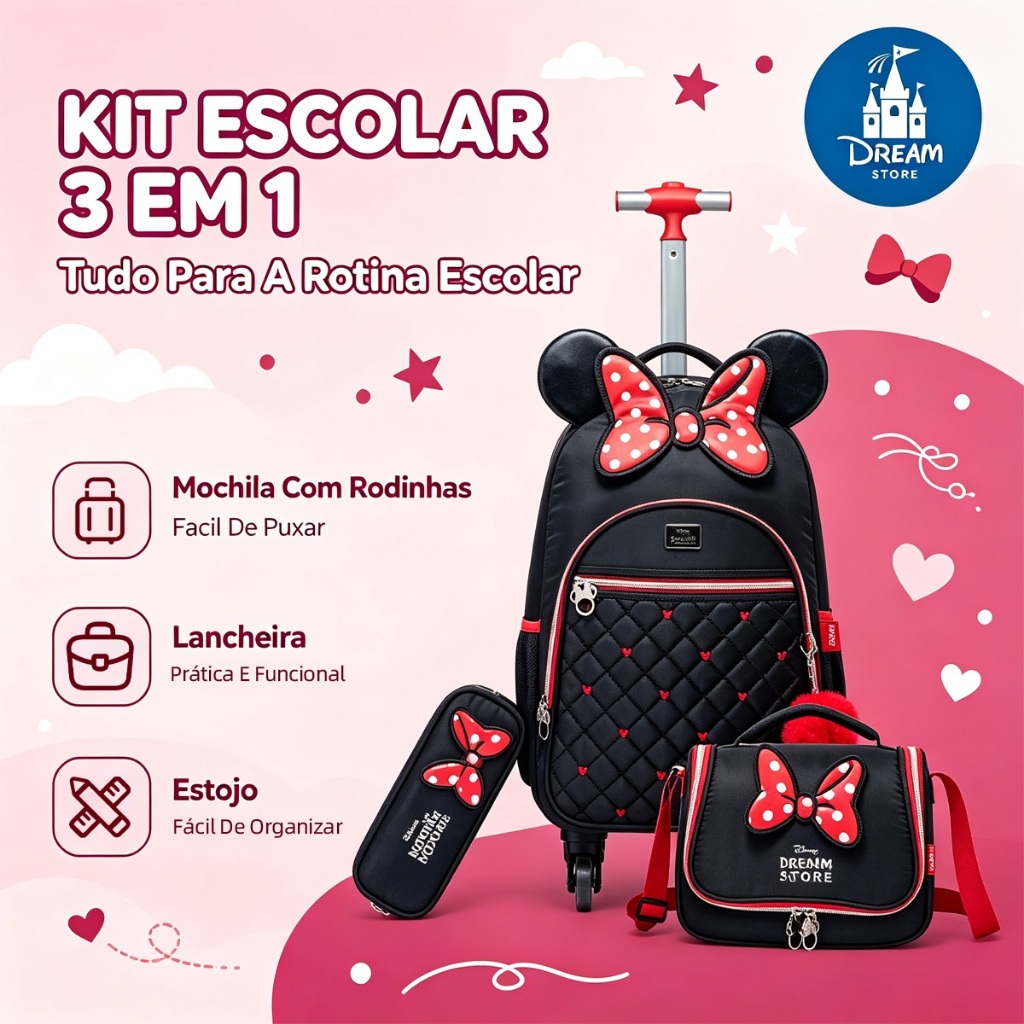 Kit Mochila de Rodinhas Minnie Disney Infantil Escolar com Lancheira e Estojo