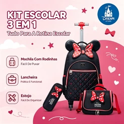 Kit Mochila de Rodinhas Minnie Disney Infantil Escolar com Lancheira e Estojo