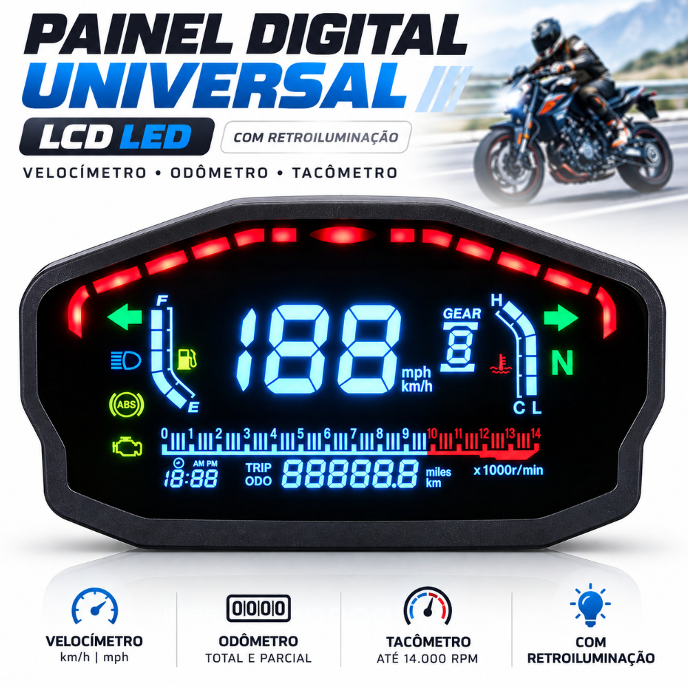 Painel Digital LCD Universal para Motocicleta com Retroiluminação LED | Velocímetro, Odômetro e Tacômetro