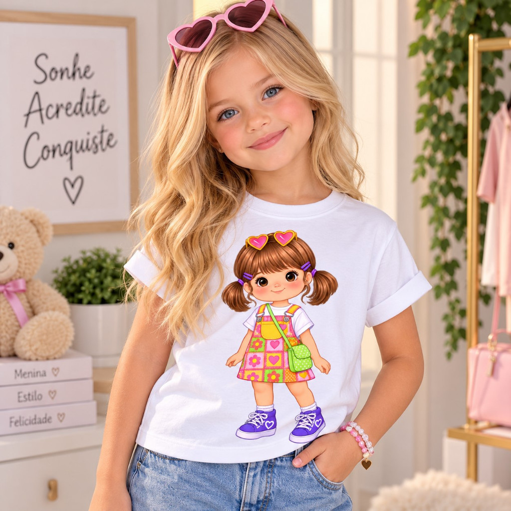 Camiseta Infantil Feminina Menina Estilosa 100% Algodão Estampada Boneca Manga Curta Confortável