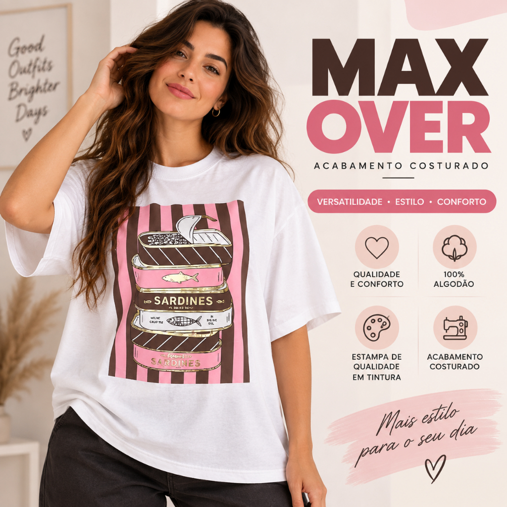 Camiseta Feminina Oversized Sardines Estampada 100% Algodão