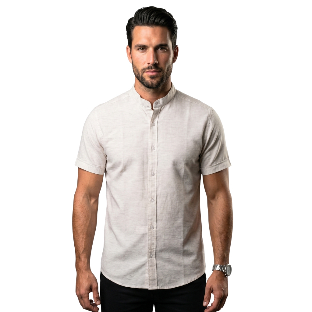 Camisa Social Masculina Gola Padre De Luxo Manga Curta Slim Linho Tecido Premium