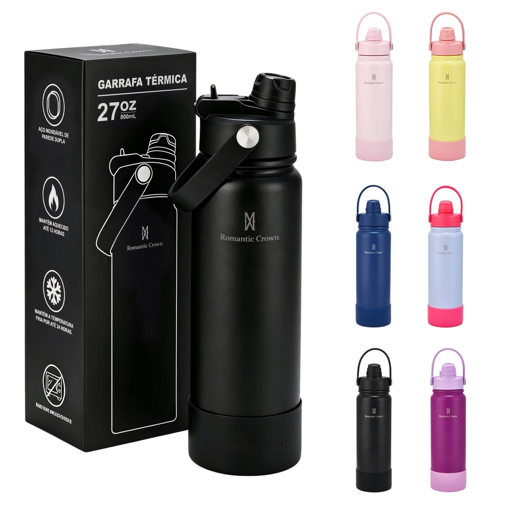 Imagem ROMANTIC CROWN Garrafa Térmica 800ml Aço Inox 304 Grande Capacidade com 2 Formas de Beber para Viagem e Esporte