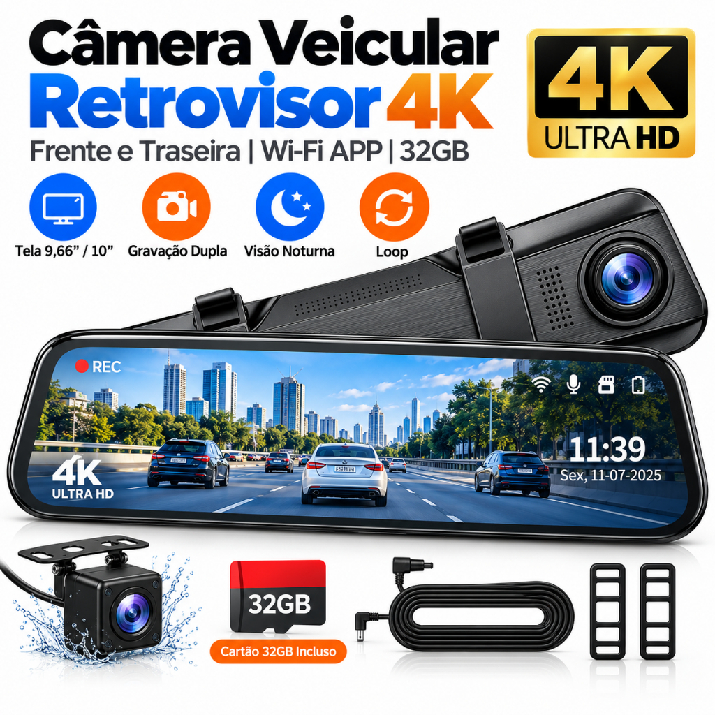 Câmera Veicular Retrovisor 4K Frente e Traseira Tela 10” Wi-Fi APP Dash Cam + Cartão 32GB