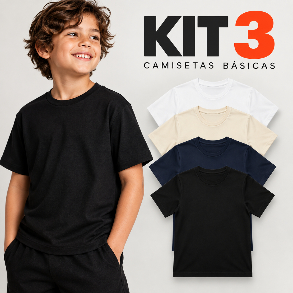 Kit 3 Camisas Infantil Algodão Básica – 3 Cores Diferentes | Roupa Infantil Masculina Dia a Dia Tam 2 ao 14
