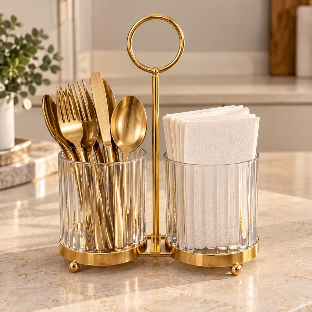 Organizador Porta Talheres e Guardanapos em Acrílico com Suporte Dourado e Alça para Mesa e Cozinha