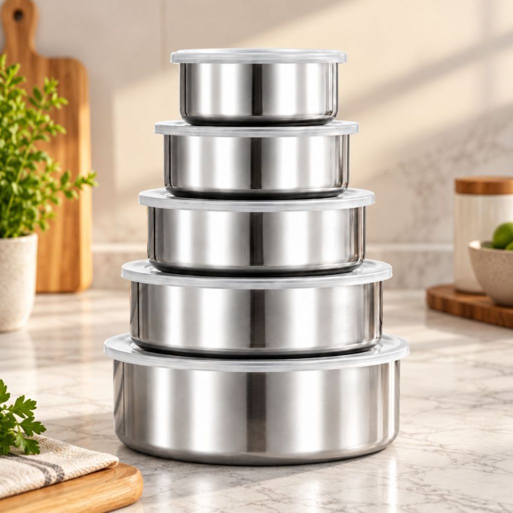 Kit 5 Tigelas Inox Com Tampa Potes Redondos 250ml a 1200ml Jogo de Pote Hermético Cozinha