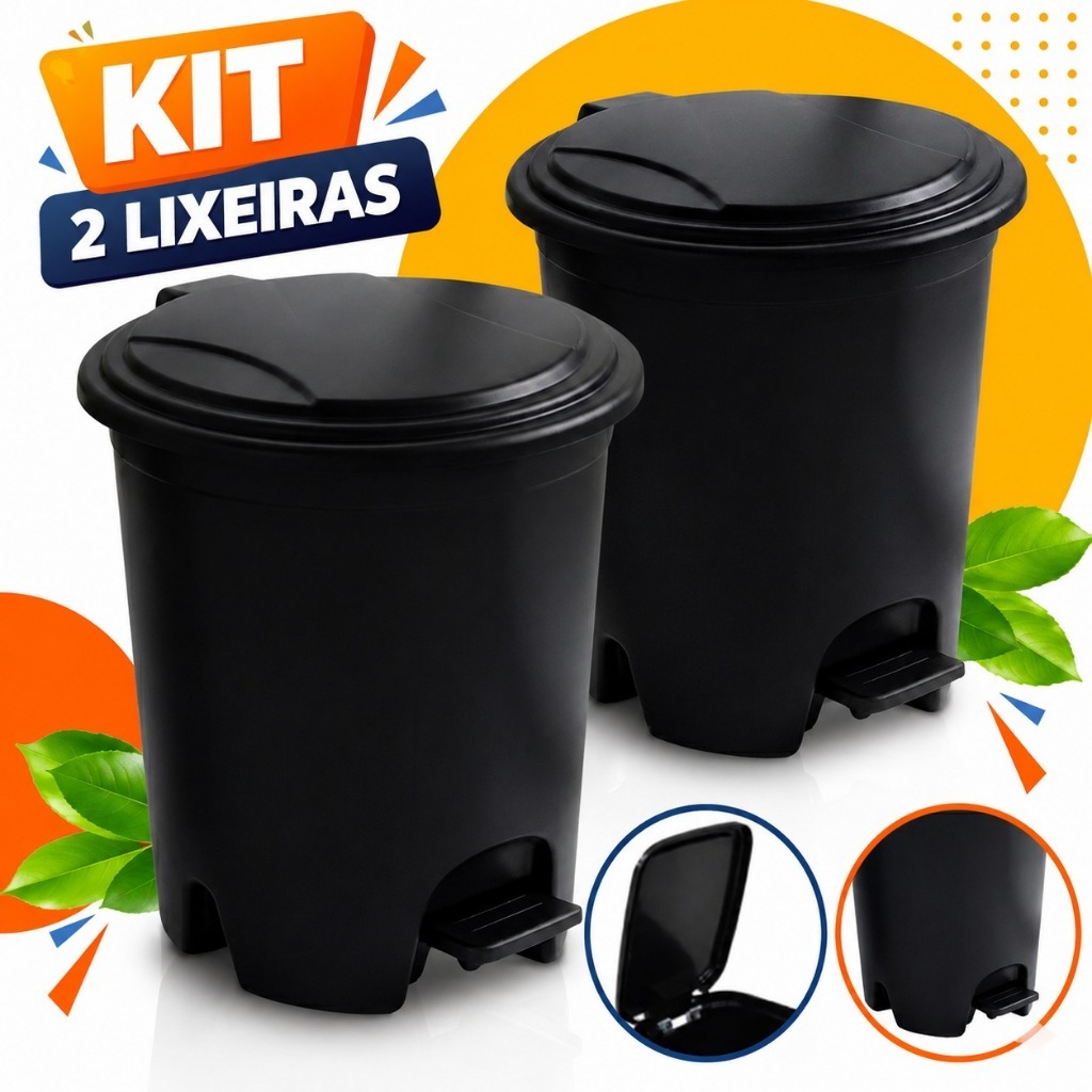 Kit 2 Lixeiras Redondas Plástico Com Pedal 7 Litros Cozinha Banheiro Lavanderia Escritório