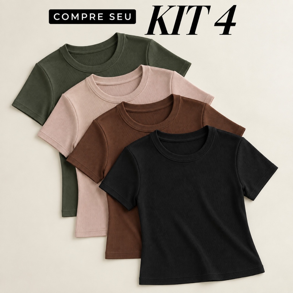 Kit 4 Blusa Feminina Canelada Ribana Básica Baby Tee Estilosa Casual Tendência Verão
