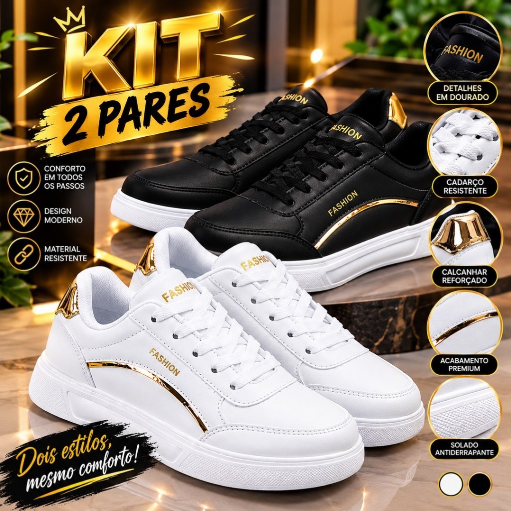Kit 2 Tenis Feminino Casual Branco Clássico Original  Leve e Confortável