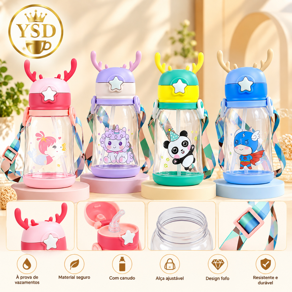 Elk Water Bottles Portable Kids 600ml With Straw and Drawstring Cups Multicolor Design Fancy For Girls