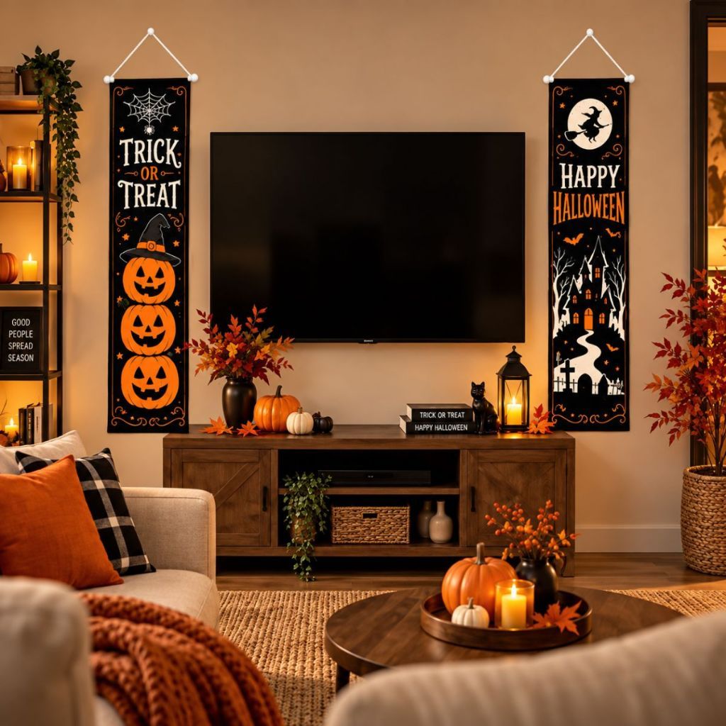 Kit 2 Faixas Verticais Decorativas Happy Halloween Abobora Castelo e Cemitério 1,80 Decoração Festiva