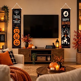 Kit 2 Faixas Verticais Decorativas Happy Halloween Abobora Castelo e Cemitério 1,80 Decoração Festiva