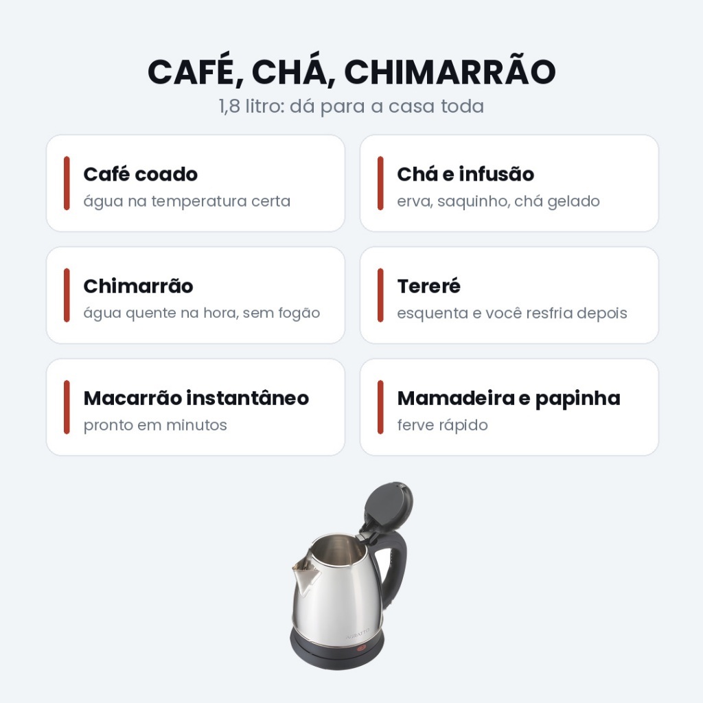 Chaleira Elétrica Jarra Inox 1,8L Agratto Desligamento Automático Base Removível Água Quente Chá Café Chimarrão — imagem 2 de 2