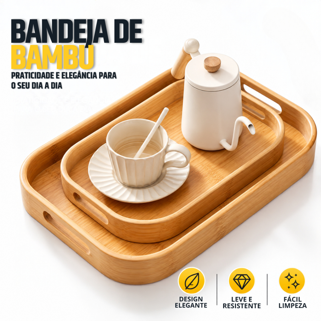 Bandeja Retangular de Bambu Multiuso Decorativa para Servir e Organizar Cozinha Banheiro Mesa