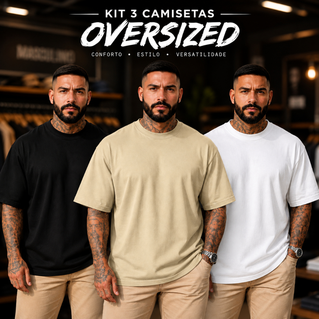 Kit 3 Camisetas Oversized Masculina Streetwear Lisa Sem Estampa 100% Algodão Premium Camiseta Street Style