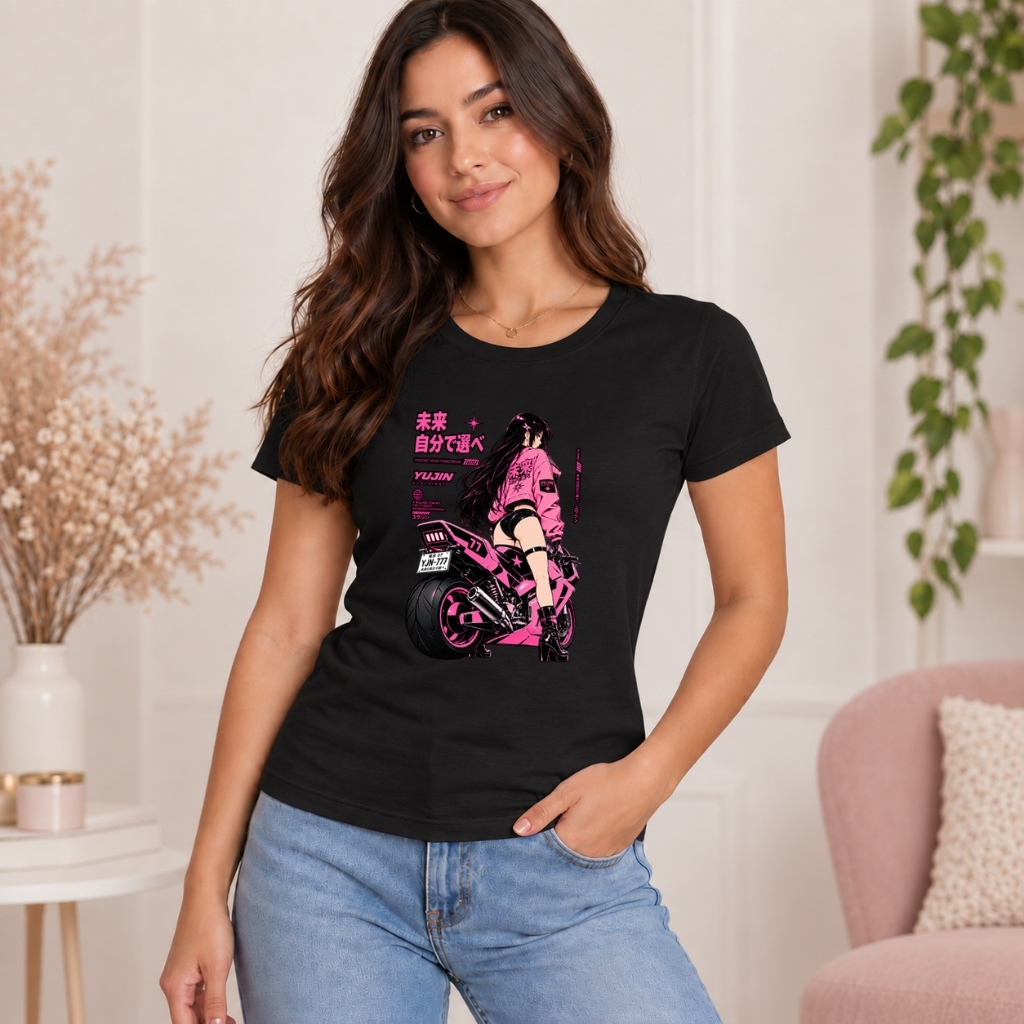 Baby Look Feminina 100% Algodão Estampada Moto Japonesa Estilo Anime 77 Camiseta T-Shirt Feminina Confortável e Estilosa
