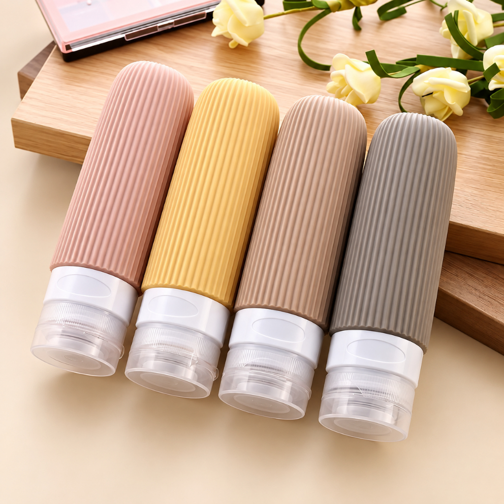 Kit 4 Frascos Potes Viagem Silicone 90ml Para Viagem Condicionador Shampoo Creme Cosméticos