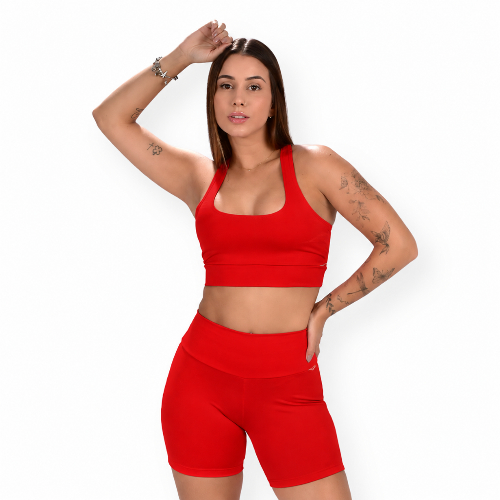 Conjunto de Academia Suplex Feminino Shorts Meia Coxa Cintura Alta Top Nadador Fitness Zero Transparência