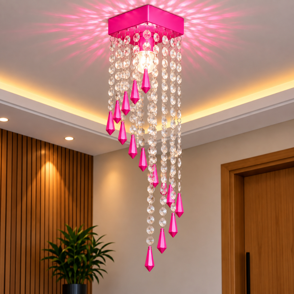 Lustre de Teto Cristal Acrílico E27 Luminária Decorativa 12x40cm Rosa Pink Menina