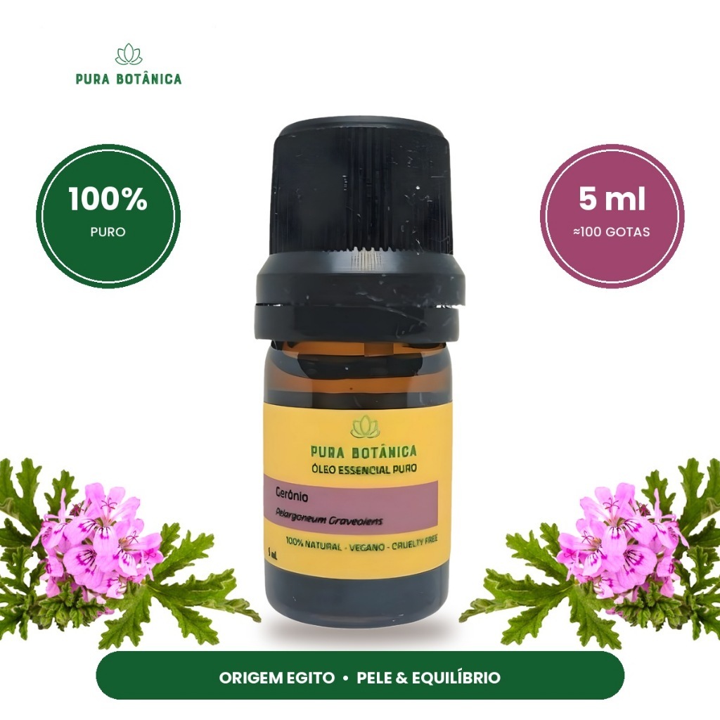 Óleo Essencial de Gerânio do Egito 100% Puro 5ml Pele Manchas Estrias Celulite Oleosidade Rosto Aromaterapia