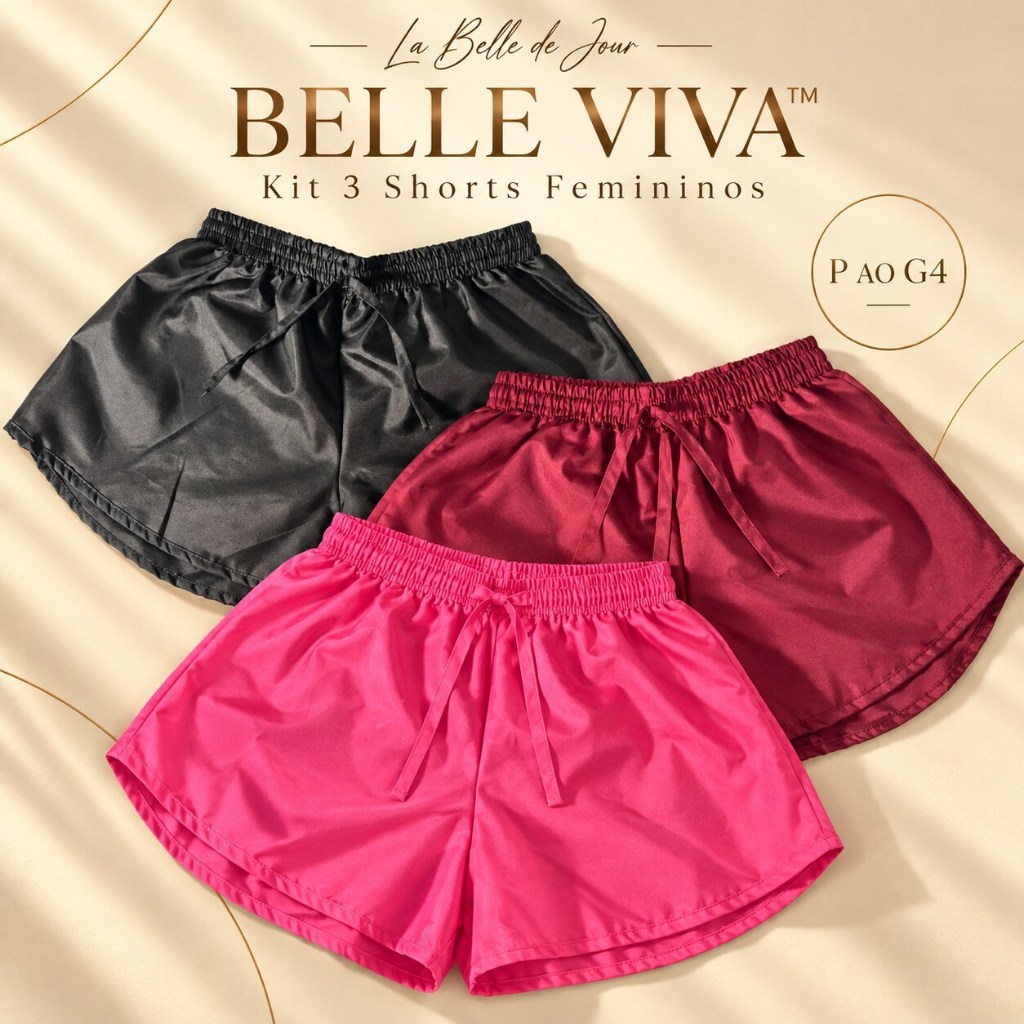Kit 3 Shorts Tactel Feminino P ao G4 Plus Size Academia Corrida Caminhada Praia Piscina Verão Shortinho La Belle de Jour