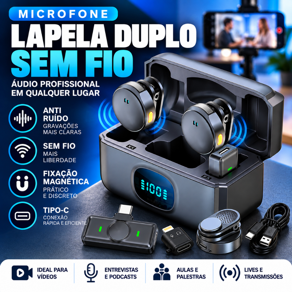 Microfone Lapela Sem Fio Duplo Magnético Anti Ruído Tipo C com Adaptador Lightning