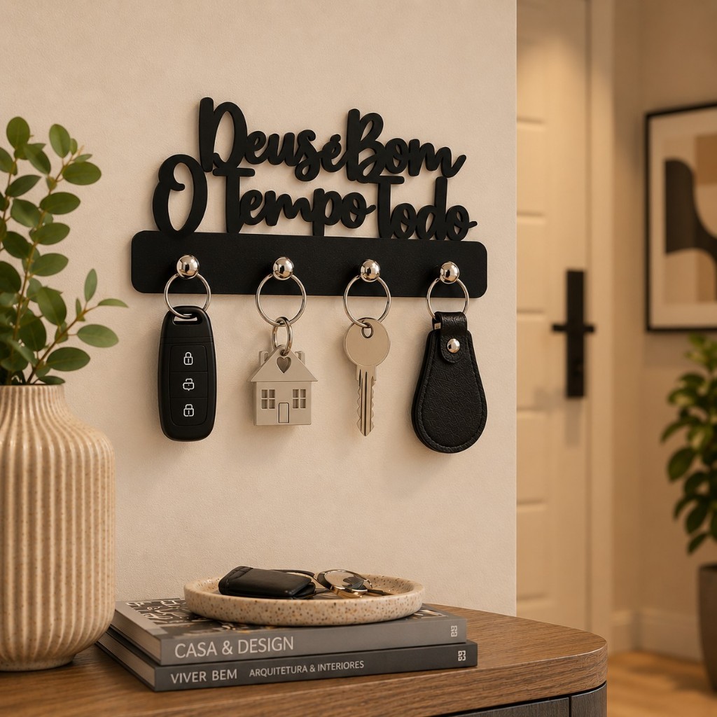 Porta Chaves de Parede Decorativo Multiuso em MDF 3mm Preto Deus é Bom o Tempo Todo Envio Imediato