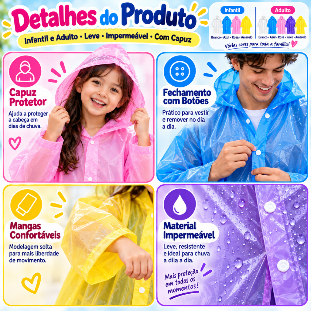 Capa de Chuva Adulto Infantil Impermeável com Capuz Unissex Reutilizável Transparente · foto 2