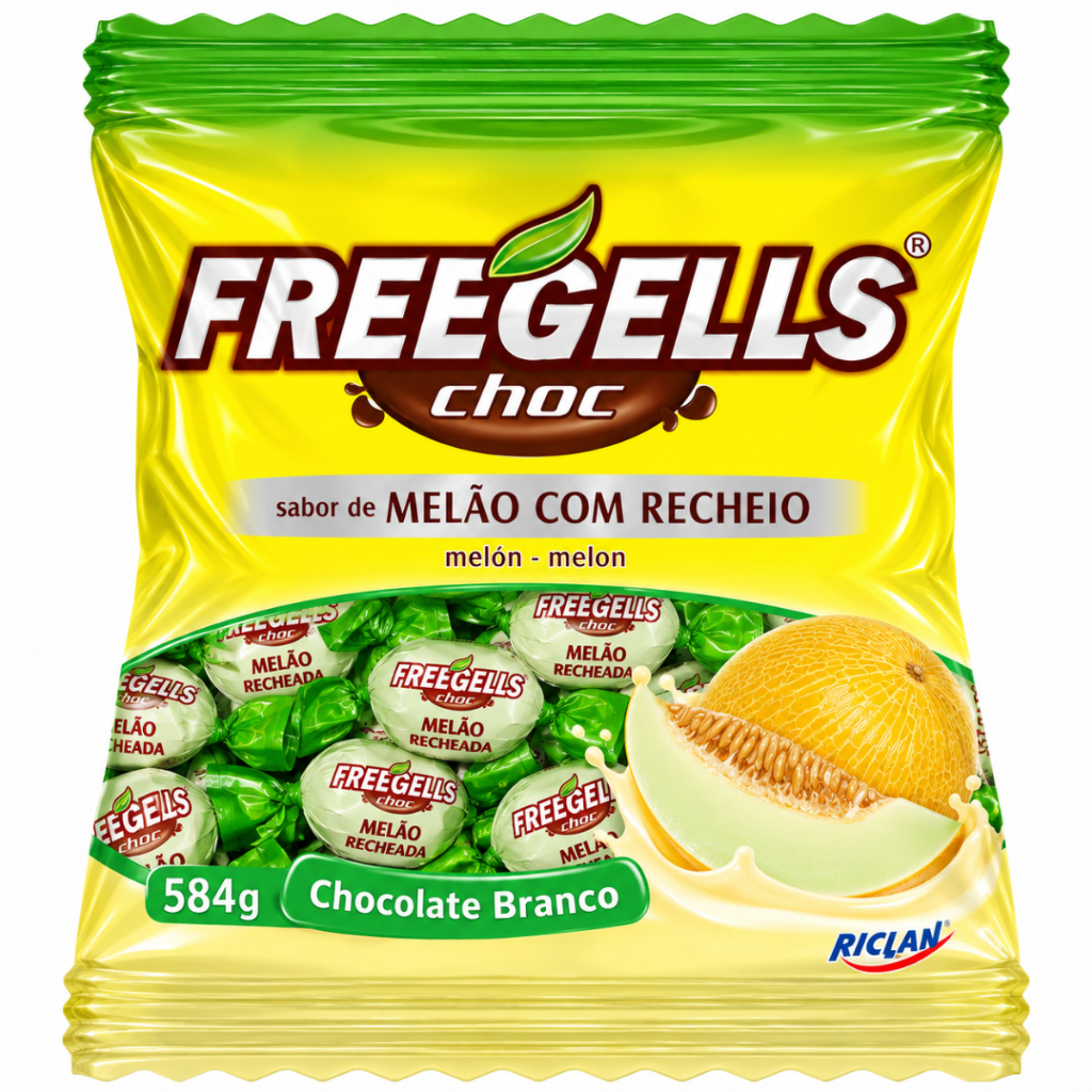 Bala Dura Freegells Melão Recheada Chocolate Branco 475g Riclan