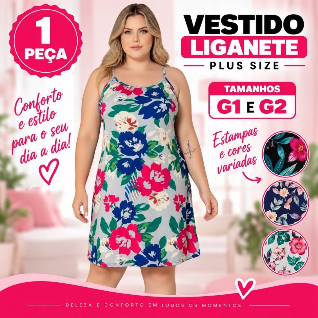 Vestido Plus Size Liganete Estampado Feminino G1 G2 Cores e Estampas Variadas