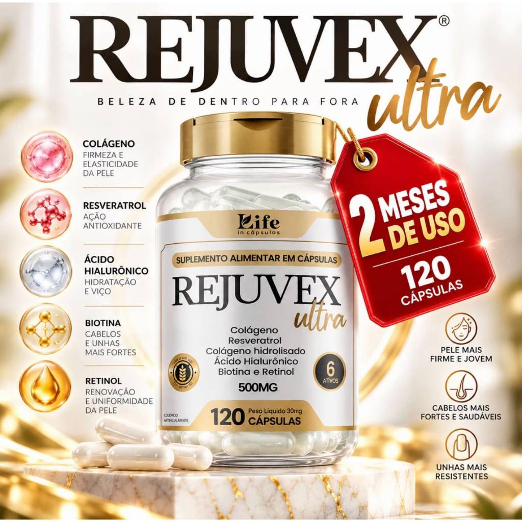 Rejuvex Ultra - 120 Capsulas - Colágeno + Ácido Hialurônico | Pele Firme e Saudável. 2 Meses de uso