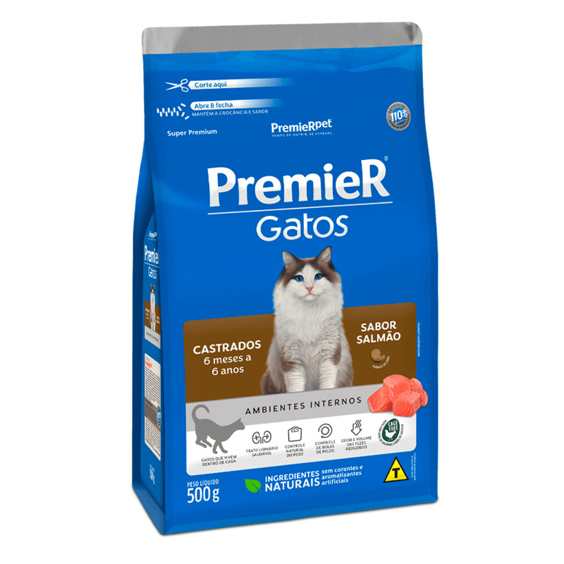 Ração Seca Premier Ambientes Internos Gatos Adultos Castrados Salmão - 500G