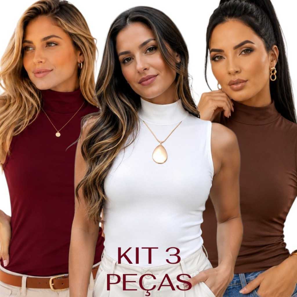 Kit 3 Blusa feminina Regata Gola Alta Básica Casual malha Viscolycra Segunda Pele Inverno/Verão
