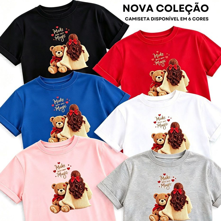 Camiseta Infantil Estampada Várias Cores Ursinho Menina Presente Passeio Criança Juvenil 100% Algodão Modinha Blogueira