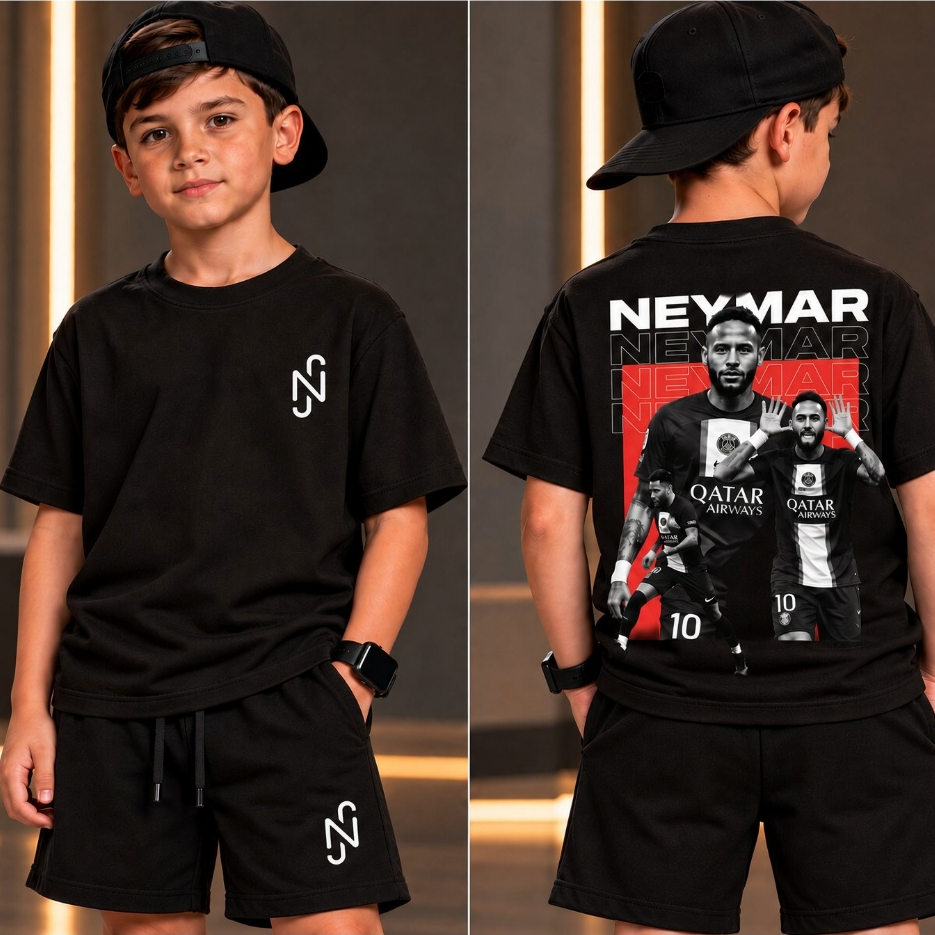 Conjunto Infantil Menino Nei Camiseta e Bermuda short Estampada Futebol Verão criança