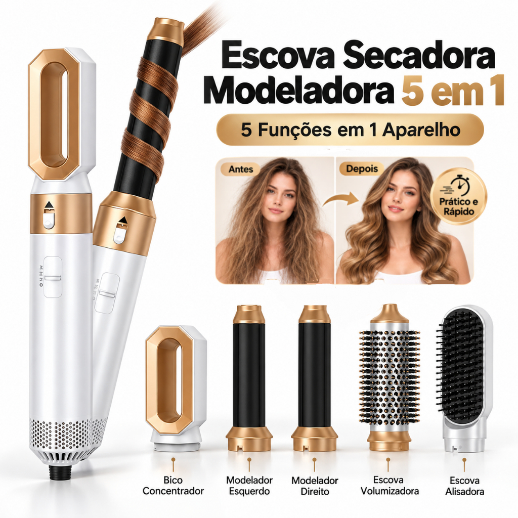 Escova Secadora 5 em 1 Modeladora Profissional Alisadora de Cabelo Anti Frizz Kimi Utilidades