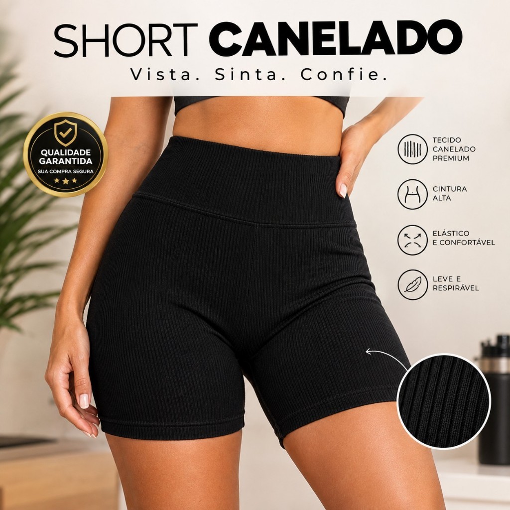 Shorts Feminino Academia Canelado Fitness Cintura Alta Confortável para Treino Pilates Yoga Caminhada