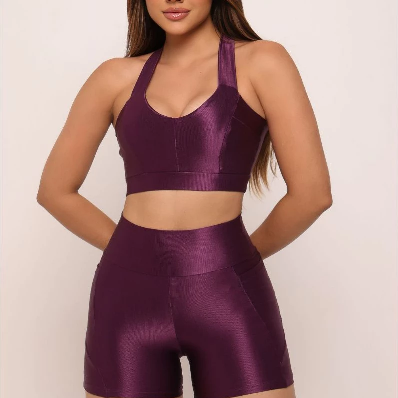 Conjunto Feminino Short Com Bolso + Top Esportivo Fitness psra Academia Canelado Poliamida — imagem 1