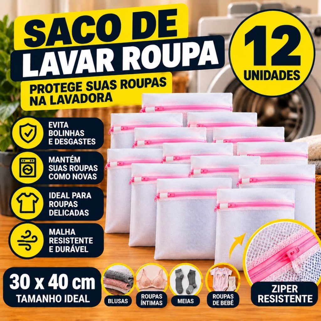 Conjunto 3 6 9 ou 12 Sacos Lavar Roupa 30 x 40 Sacos Lavadora Maquina Roupa Delicada Intima Tanquinho