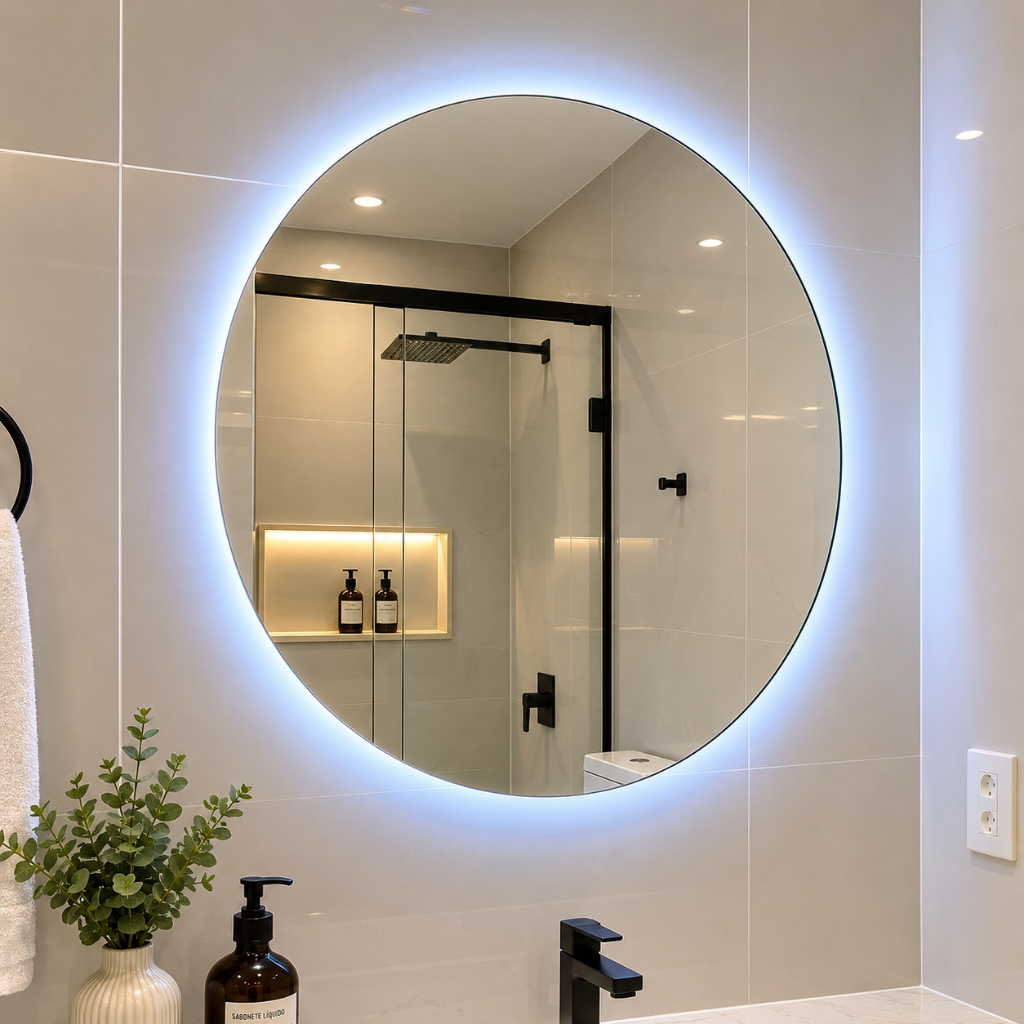 Espelho com LED Retroiluminado Redondo Lapidado Para Maquiagem Varias Medidas Com Kit de instalação