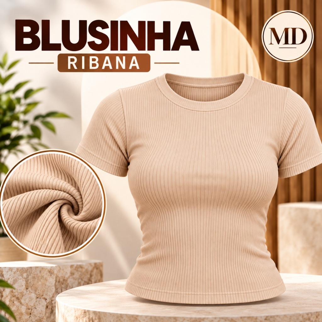Baby Look Feminina Ribana Canelada Blusa Manga Curta Gola Redonda Básica Casual.
