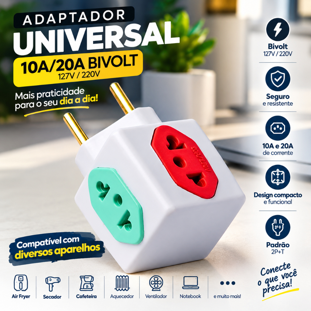 Adaptador de Tomada Cubo Triplo Articulado Bivolt – Kit com 5 Unidades