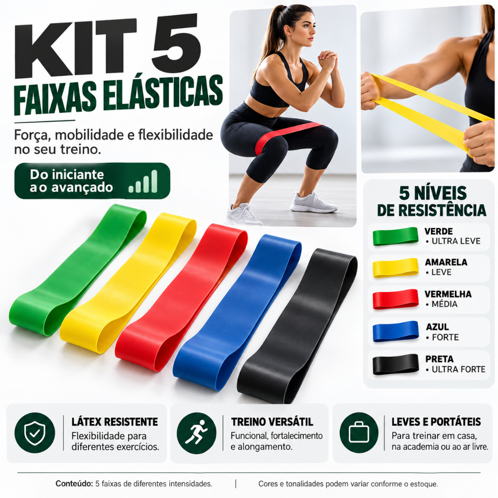Kit 5 Elástico de Treino Mini Band + Elástico Tensão Extensor Exercício Treino Funcional Fisioterapia em Casa