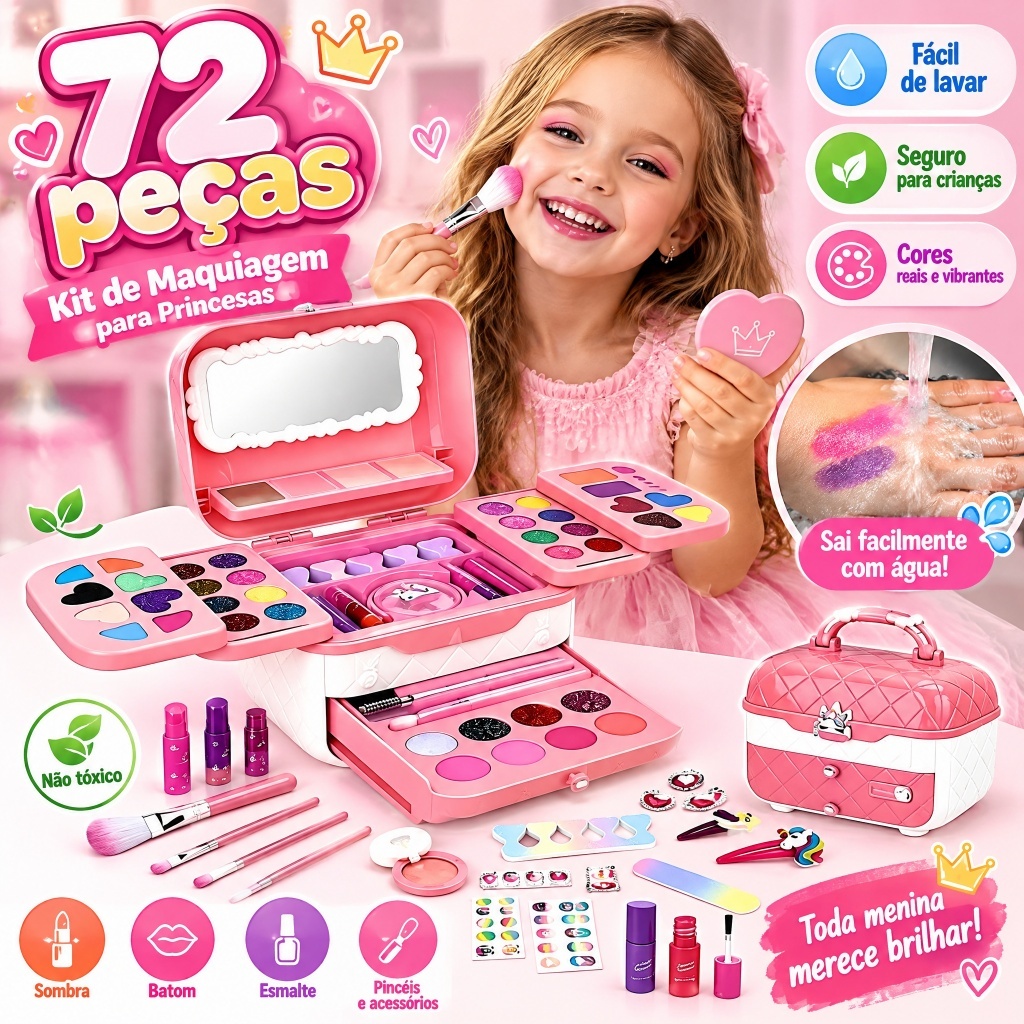72 Peças Kit Maquiagem Infantil Lavável Para Meninas Conjunto Portátil Brinquedo De Maquiagem Seguro Para Crianças