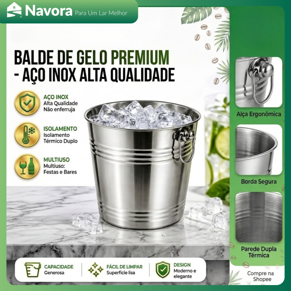Balde de Gelo em Aço Inox Térmico com Alça para Resfriar Bebidas